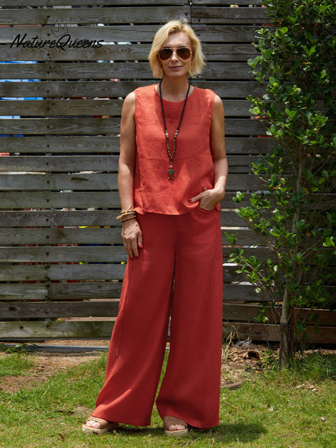 Women's 100% Linen Sleeveless Top and Pats Sets