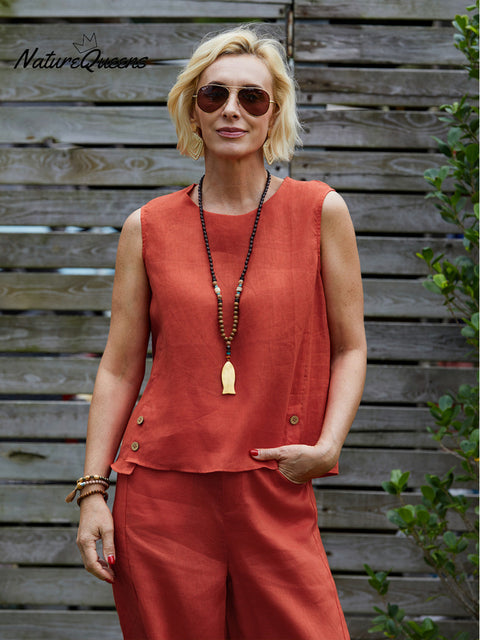 Women's 100% Linen Sleeveless Top and Pats Sets
