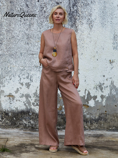 Women's 100% Linen Sleeveless Top and Pats Sets