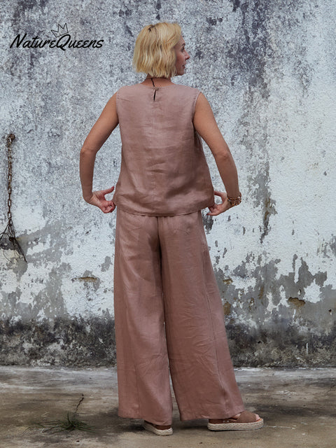 Women's 100% Linen Sleeveless Top and Pats Sets