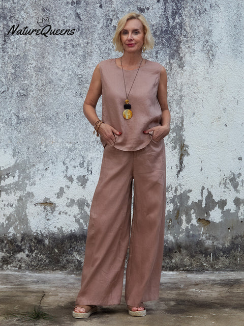 Women's 100% Linen Sleeveless Top and Pats Sets