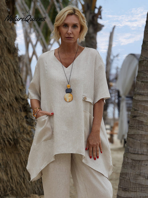 Women's V Neck 100% Linen Shirt