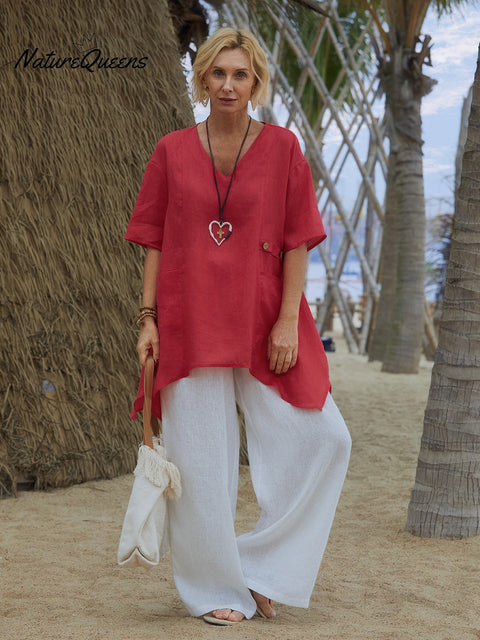 Women's V Neck 100% Linen Shirt