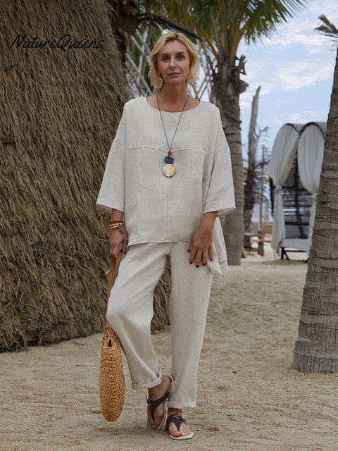 Women's Crew Neck 100% Linen Shirt