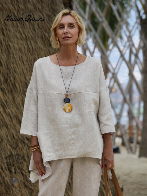 Women's Crew Neck 100% Linen Shirt
