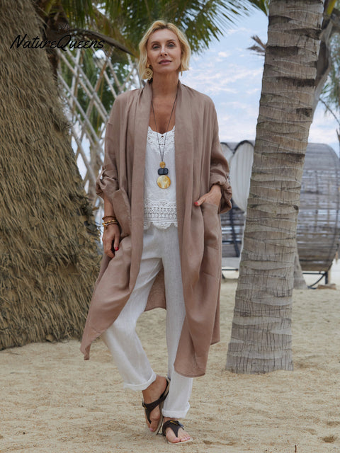 100% Linen Women's Linen Pocket Long Cardigan