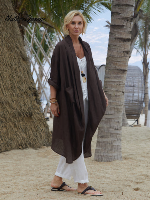 100% Linen Women's Linen Pocket Long Cardigan
