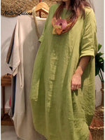 100% Linen Women's Casual Pocket Cotton and Line Dress