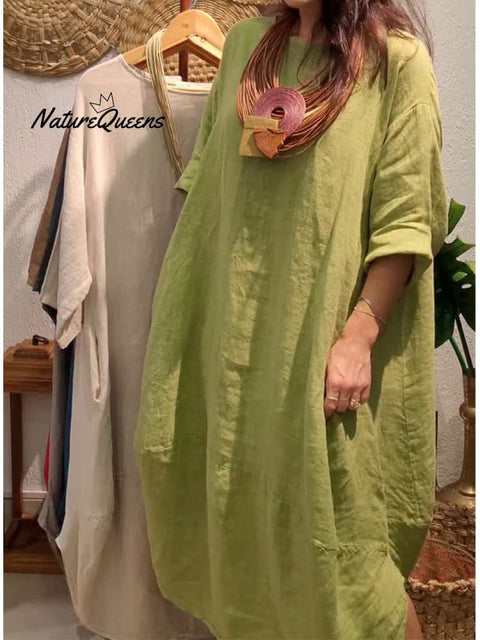 Women's Casual Pocket Cotton and Line Dress