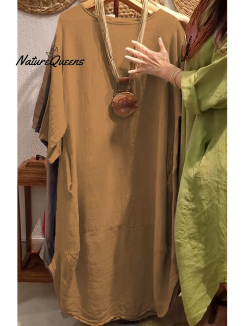 Women's Casual Pocket Cotton and Line Dress