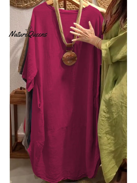 Women's Casual Pocket Cotton and Line Dress