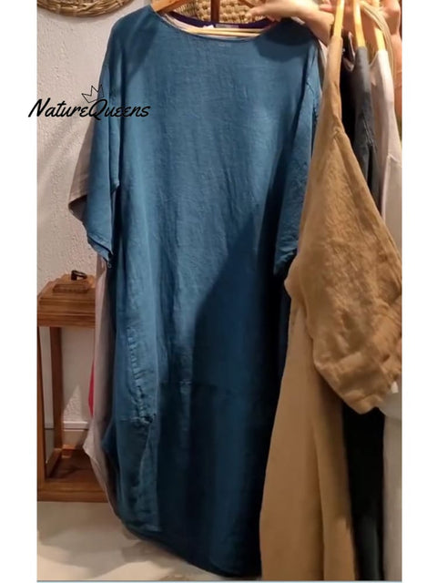 Women's Casual Pocket Cotton and Line Dress