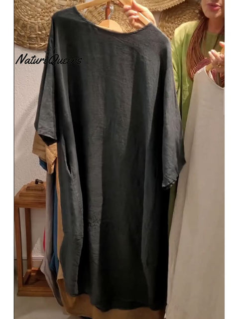 Women's Casual Pocket Cotton and Line Dress