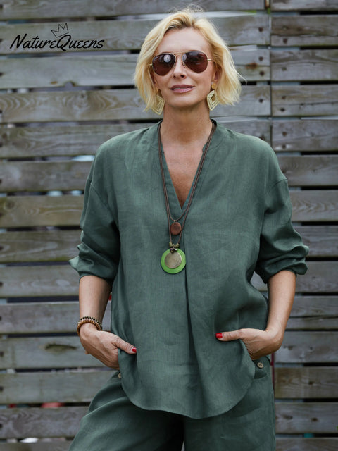 Women's V Neck Long Sleeve 100% Linen Shirt