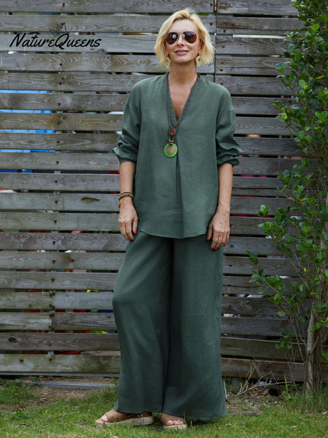 Women's V Neck Long Sleeve 100% Linen Shirt