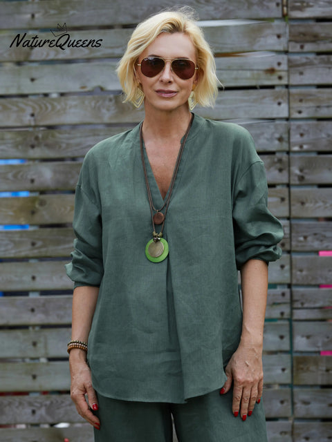 Women's V Neck Long Sleeve 100% Linen Shirt