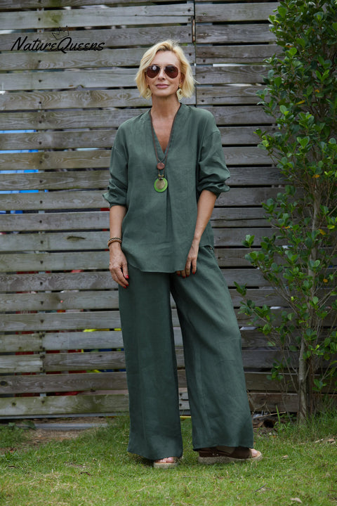 Women's V Neck Long Sleeve 100% Linen Shirt