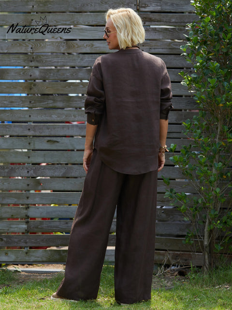 Women's V Neck Long Sleeve 100% Linen Shirt