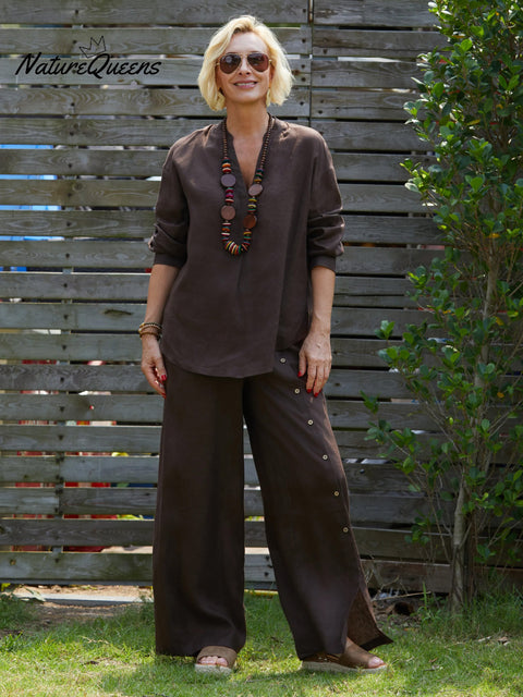 Women's V Neck Long Sleeve 100% Linen Shirt