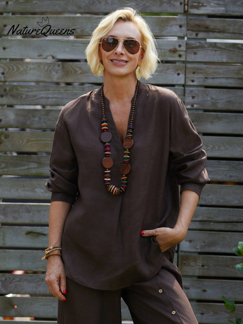 Women's V Neck Long Sleeve 100% Linen Shirt