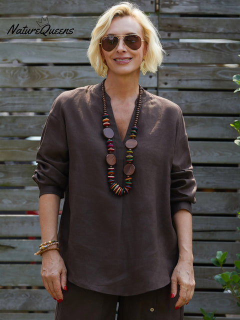 Women's V Neck Long Sleeve 100% Linen Shirt