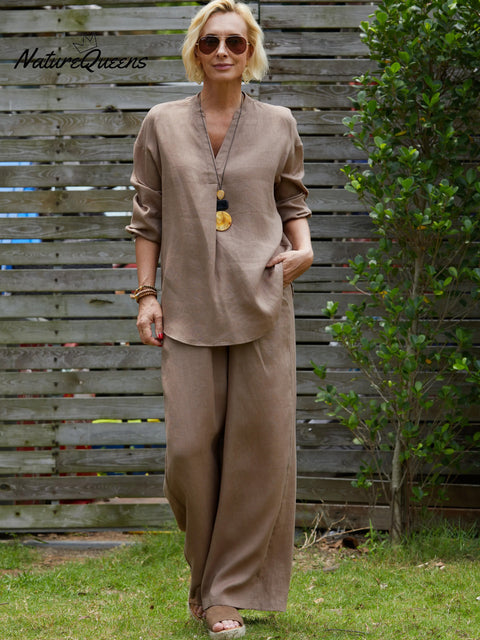 Women's V Neck Long Sleeve 100% Linen Shirt