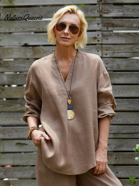 Women's V Neck Long Sleeve 100% Linen Shirt