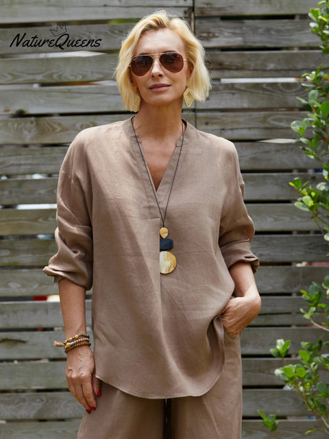 Women's V Neck Long Sleeve 100% Linen Shirt