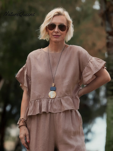 Women's Round Neck Ruffle 100% Linen Shirt