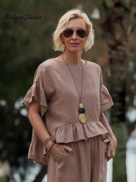 Women's Round Neck Ruffle 100% Linen Shirt