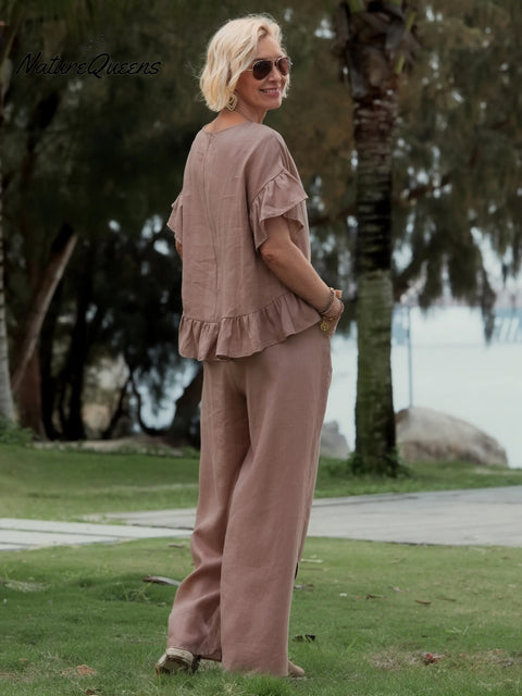 Women's Round Neck Ruffle 100% Linen Shirt