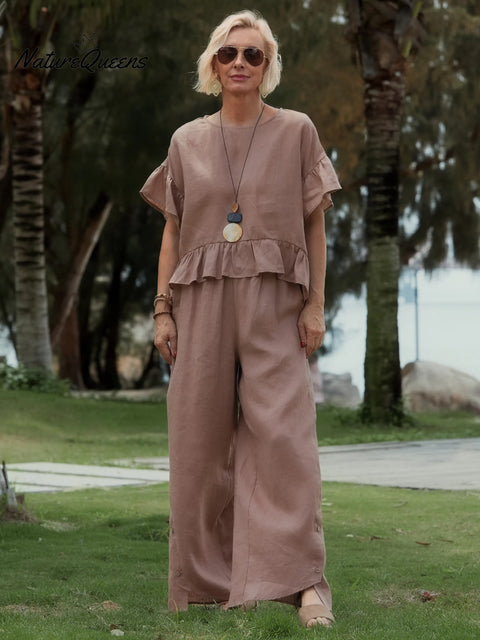 Women's Round Neck Ruffle 100% Linen Shirt