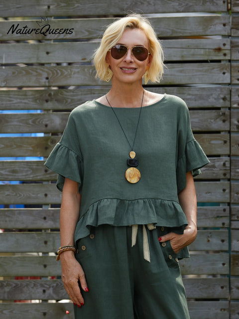 Women's Round Neck Ruffle 100% Linen Shirt