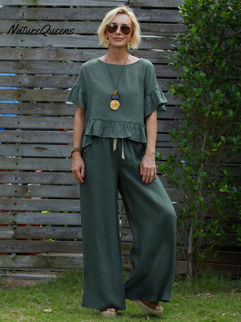 Women's Round Neck Ruffle 100% Linen Shirt