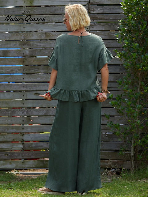 Women's Round Neck Ruffle 100% Linen Shirt