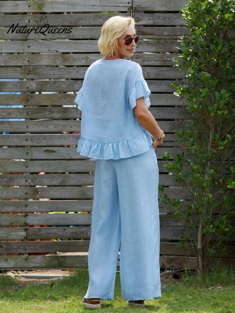 Women's Round Neck Ruffle 100% Linen Shirt