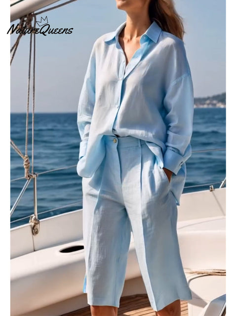 Women's Cotton And Linen Casual Shirt and Pants Set
