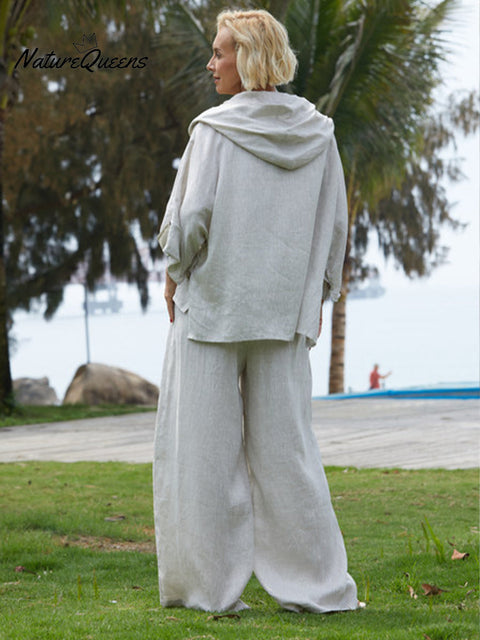 Women's Causul 100% Linen Hooded Jacket