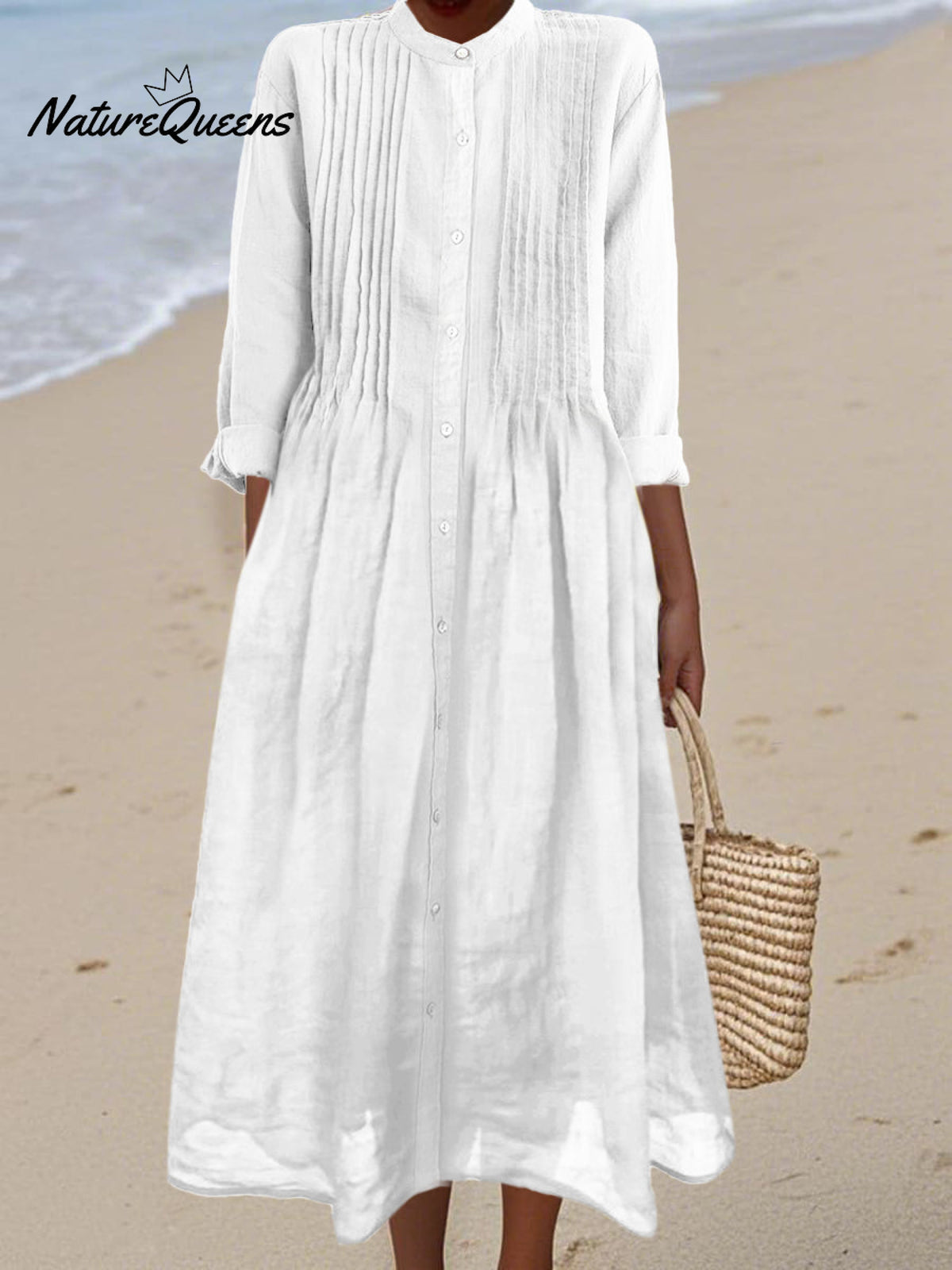 Women's Pleated Cotton and Ramie Long-sleeved Dress