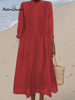 Women's Pleated Cotton and Ramie Long-sleeved Dress