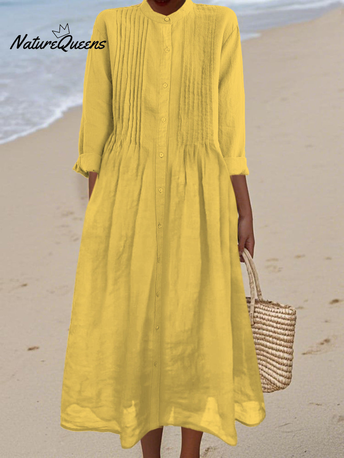 Women's Pleated Cotton and Ramie Long-sleeved Dress