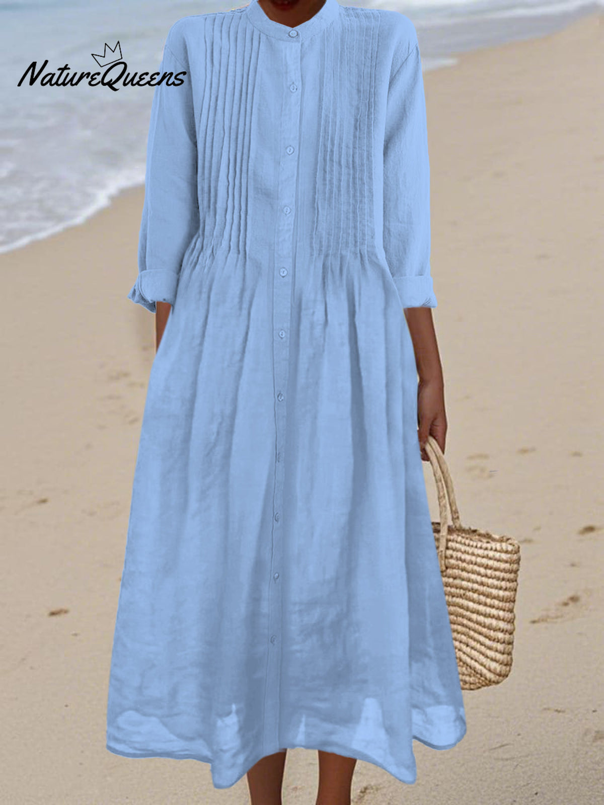 Women's Pleated Cotton and Ramie Long-sleeved Dress