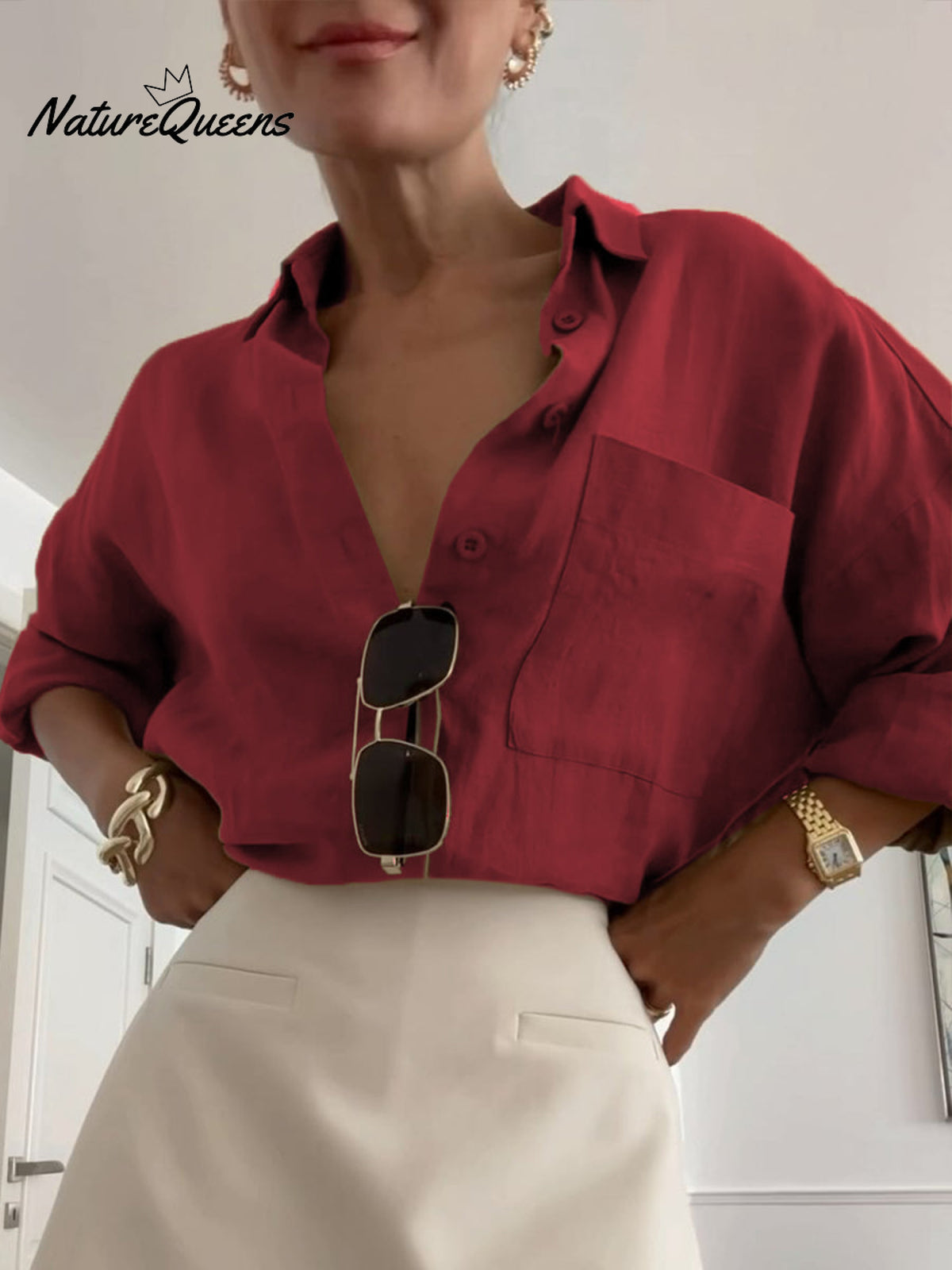 Women's Long Sleeve Cotton and Linen Shirt