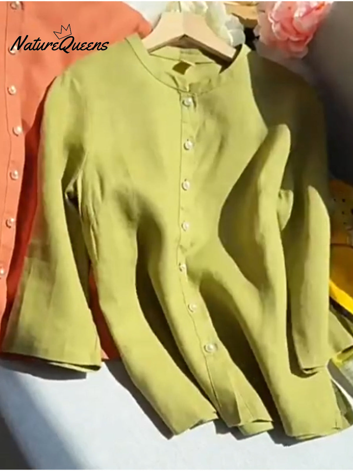 Women's Tencel Linen Stand Collar Pearl Button Shirt