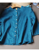 Women's Tencel Linen Stand Collar Pearl Button Shirt