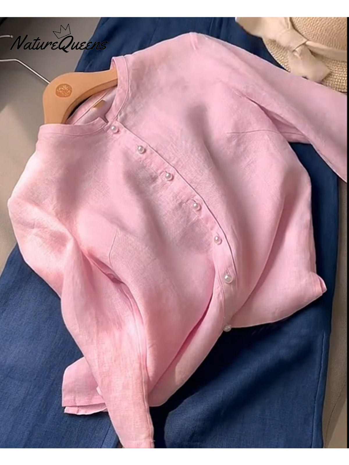 Women's Tencel Linen Stand Collar Pearl Button Shirt