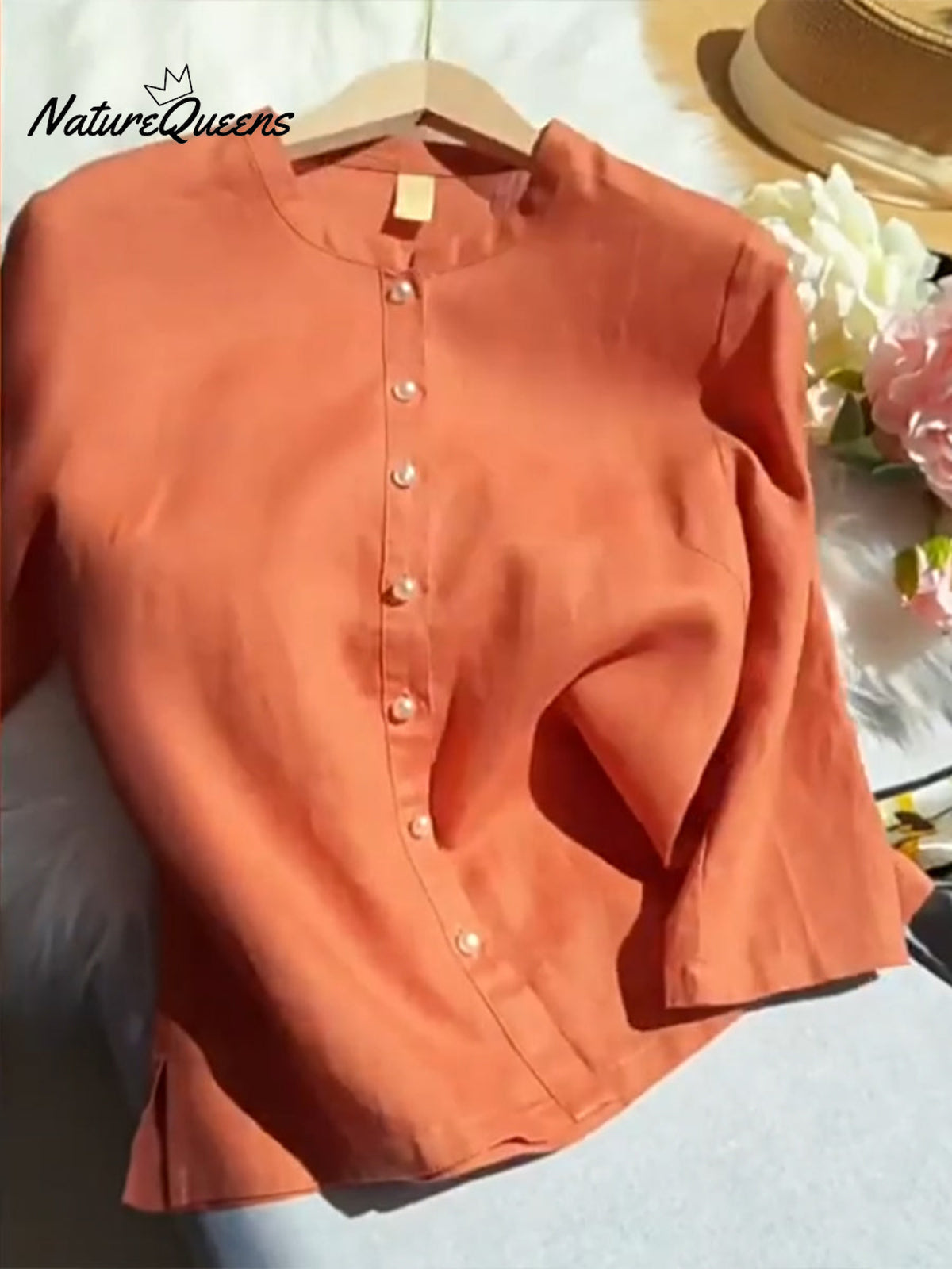 Women's Tencel Linen Stand Collar Pearl Button Shirt