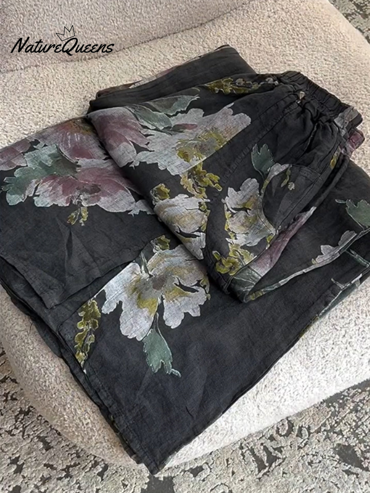 Women's Vintage Floral Print Casual Cotton and Linen Pants