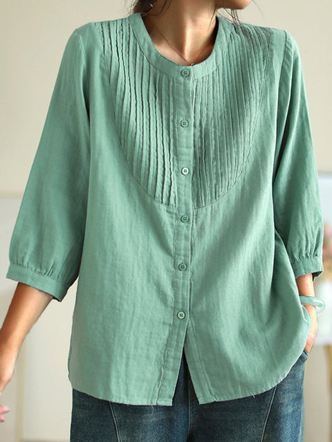 Women's Pleated Cotton and Linen Casual Shirt
