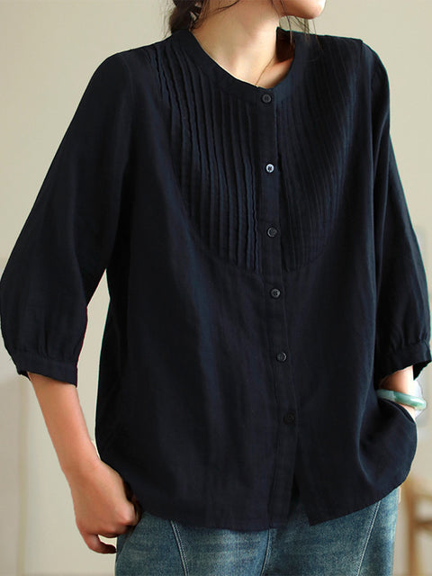Women's Pleated Cotton and Linen Casual Shirt